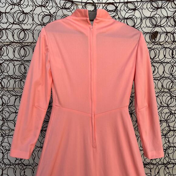 Vintage 60s Peach Coral Polyester A Line Long Sleeve Maxi Dress - Picture 6 of 9